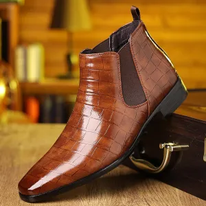 Men's Leather Print Slip On Chelsea Boots Comfortable High Top Pointed Toe Elastic Band Pull On Business Casual Dress Ankle Boots