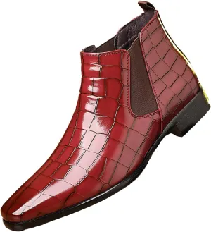 Men's Leather Print Slip On Chelsea Boots Comfortable High Top Pointed Toe Elastic Band Pull On Business Casual Dress Ankle Boots