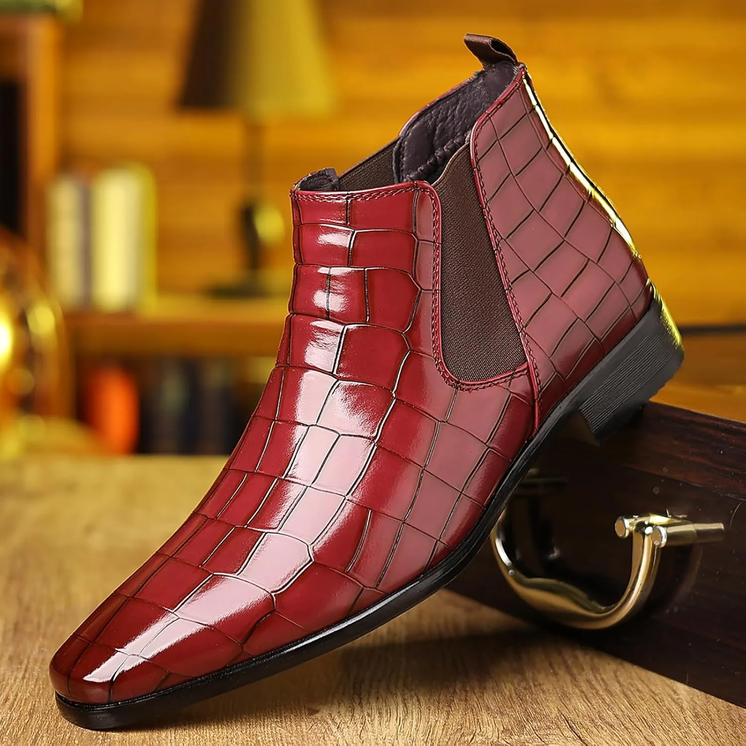 Men's Leather Print Slip On Chelsea Boots Comfortable High Top Pointed Toe Elastic Band Pull On Business Casual Dress Ankle Boots
