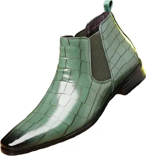 Men's Leather Print Slip On Chelsea Boots Comfortable High Top Pointed Toe Elastic Band Pull On Business Casual Dress Ankle Boots
