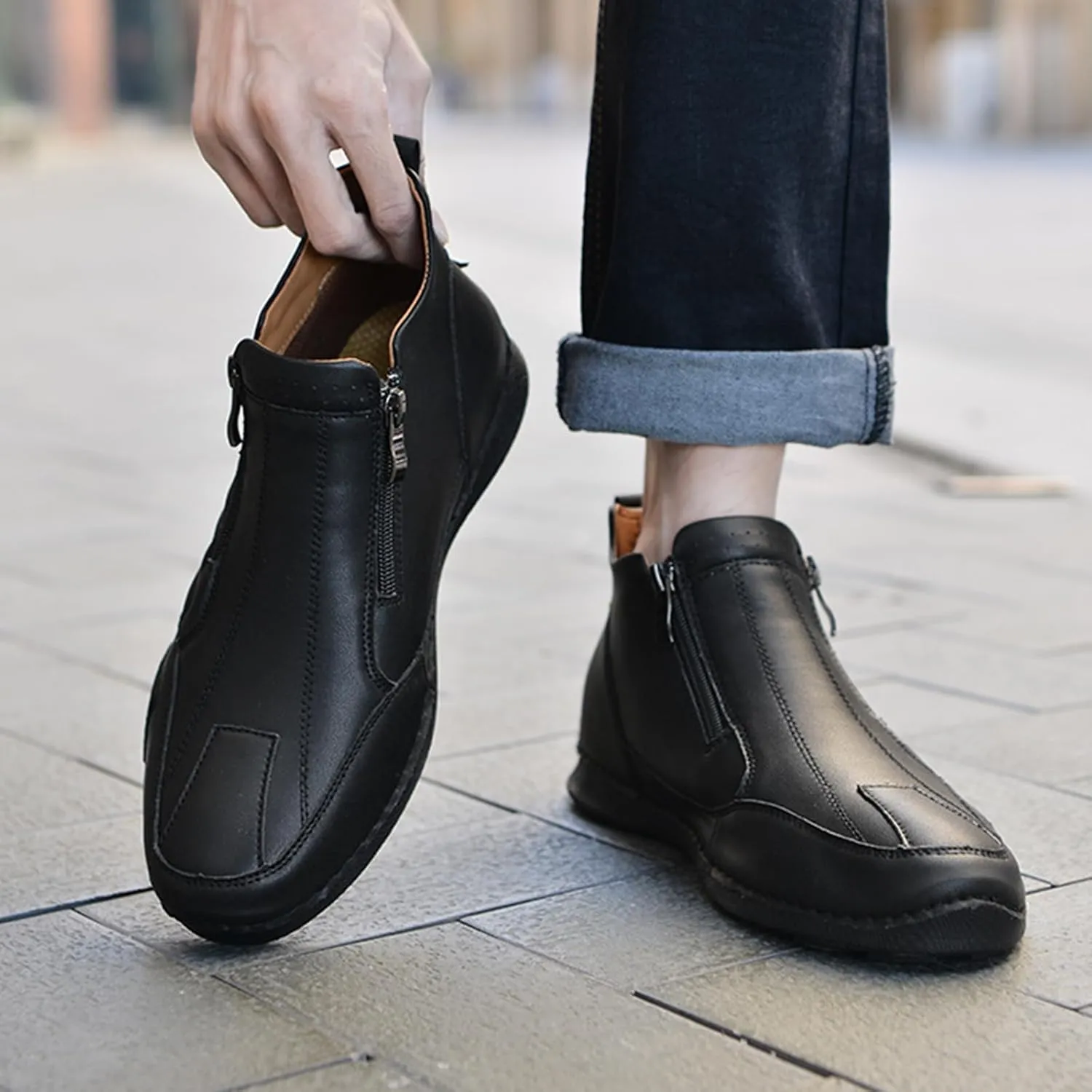 Men's Leather Slip-On Walking Ankle Boots Outdoor Non Slip Double Zipper High Top Driving Work Boots Daily Lightweight Chukka Shoes