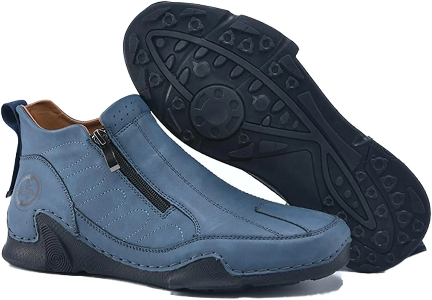 Men's Leather Slip-On Walking Ankle Boots Outdoor Non Slip Double Zipper High Top Driving Work Boots Daily Lightweight Chukka Shoes