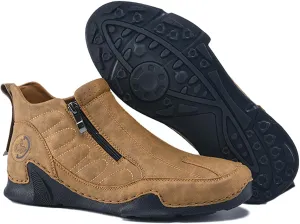 Men's Leather Slip-On Walking Ankle Boots Outdoor Non Slip Double Zipper High Top Driving Work Boots Daily Lightweight Chukka Shoes