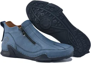 Men's Leather Slip-On Walking Ankle Boots Outdoor Non Slip Double Zipper High Top Driving Work Boots Daily Lightweight Chukka Shoes
