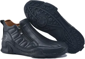 Men's Leather Slip-On Walking Ankle Boots Outdoor Non Slip Double Zipper High Top Driving Work Boots Daily Lightweight Chukka Shoes