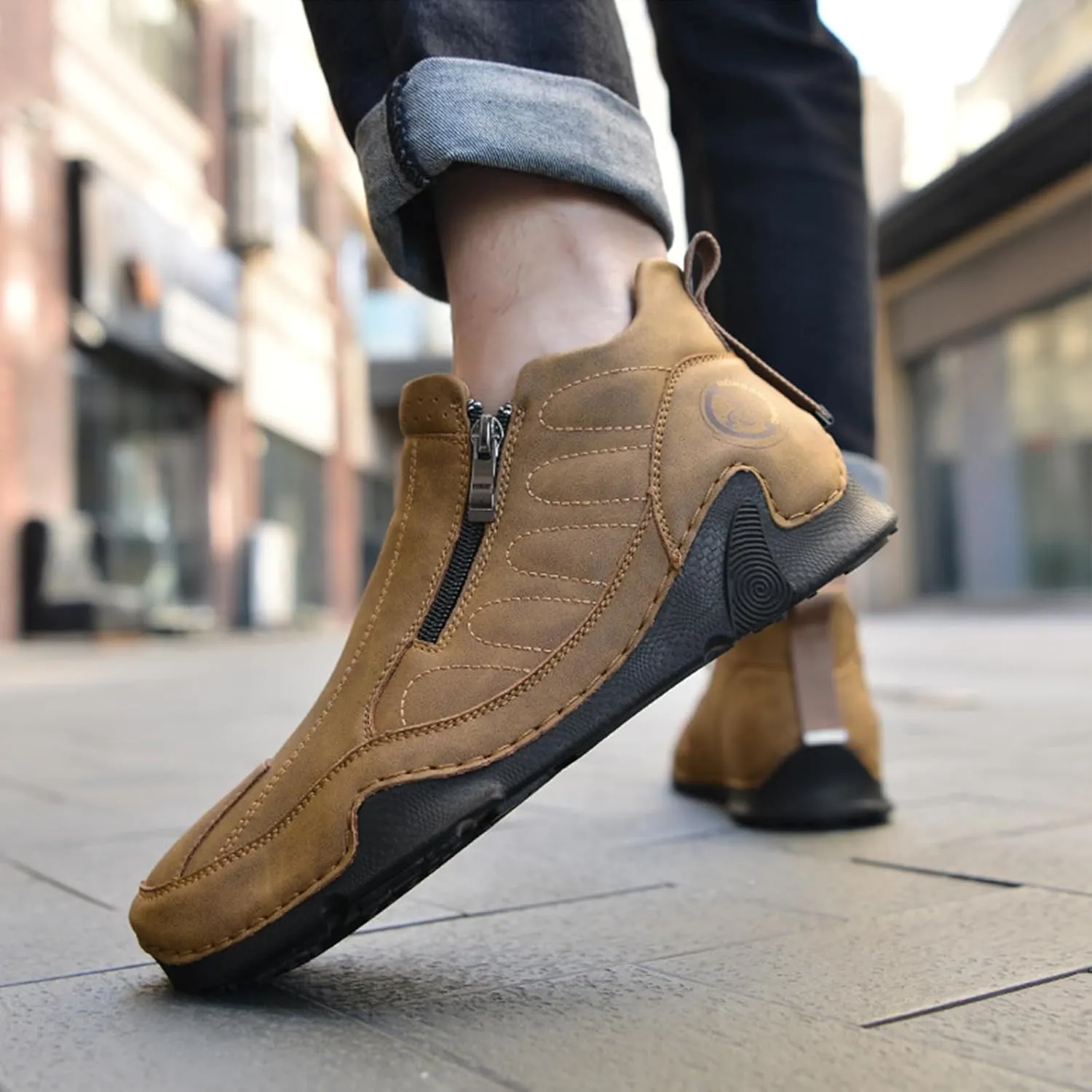 Men's Leather Slip-On Walking Ankle Boots Outdoor Non Slip Double Zipper High Top Driving Work Boots Daily Lightweight Chukka Shoes