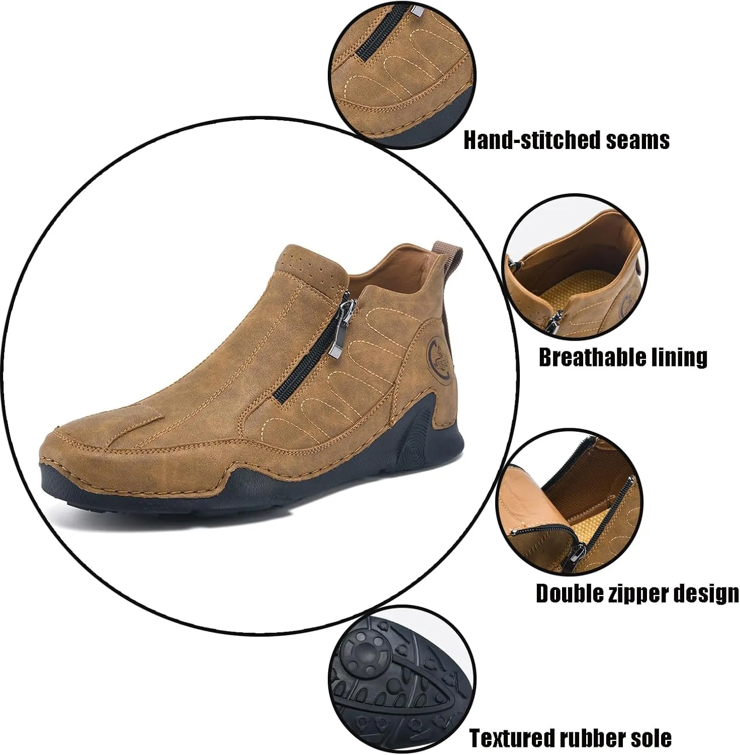 Men's Leather Slip-On Walking Ankle Boots Outdoor Non Slip Double Zipper High Top Driving Work Boots Daily Lightweight Chukka Shoes