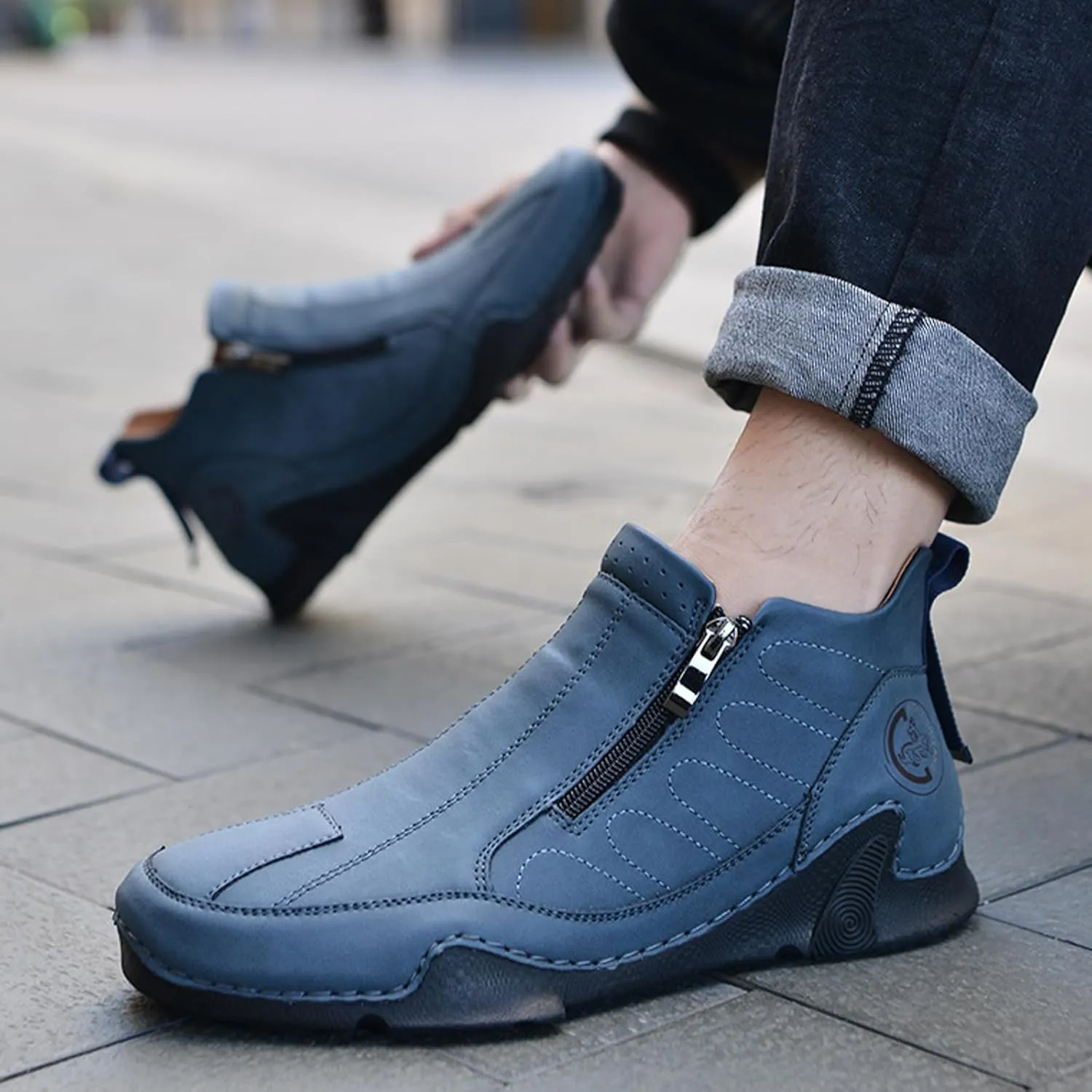 Men's Leather Slip-On Walking Ankle Boots Outdoor Non Slip Double Zipper High Top Driving Work Boots Daily Lightweight Chukka Shoes