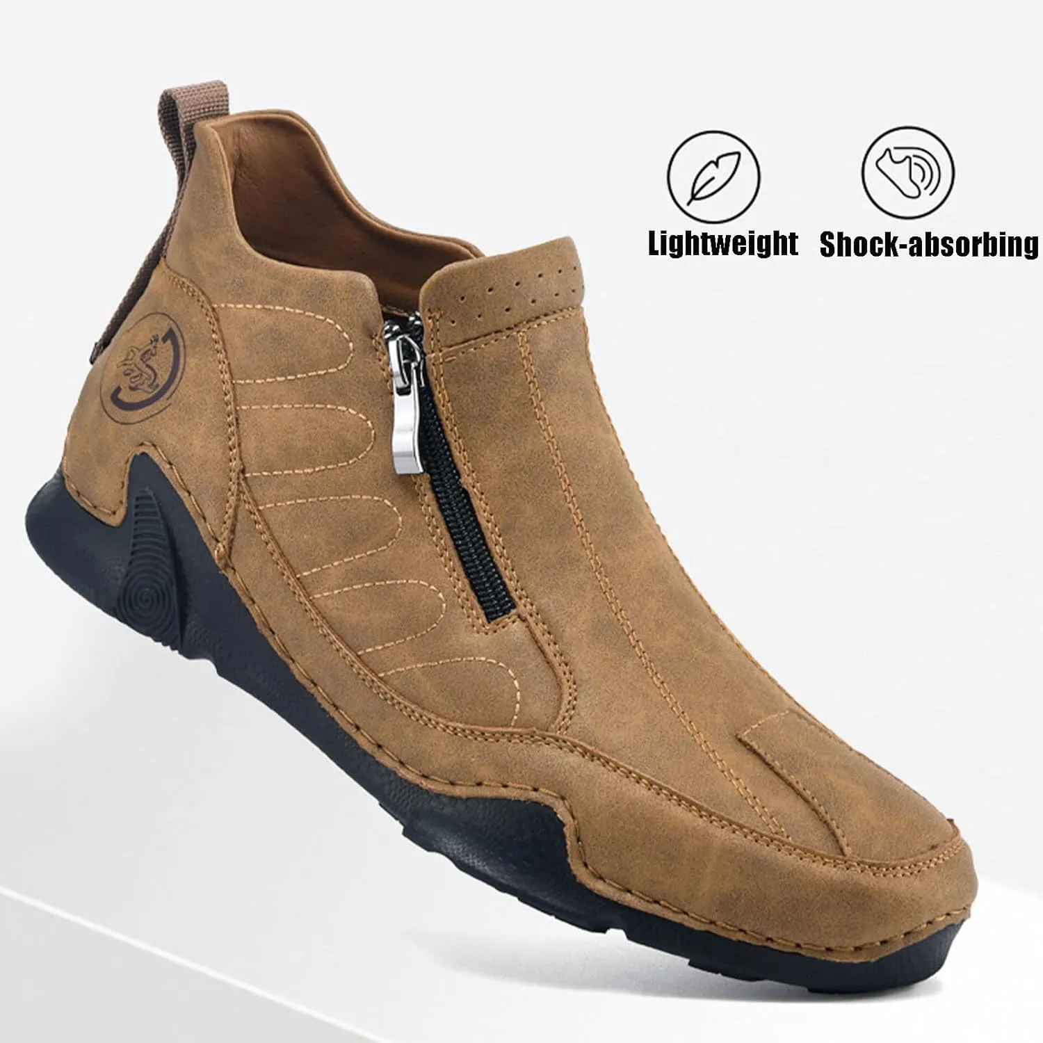 Men's Leather Slip-On Walking Ankle Boots Outdoor Non Slip Double Zipper High Top Driving Work Boots Daily Lightweight Chukka Shoes