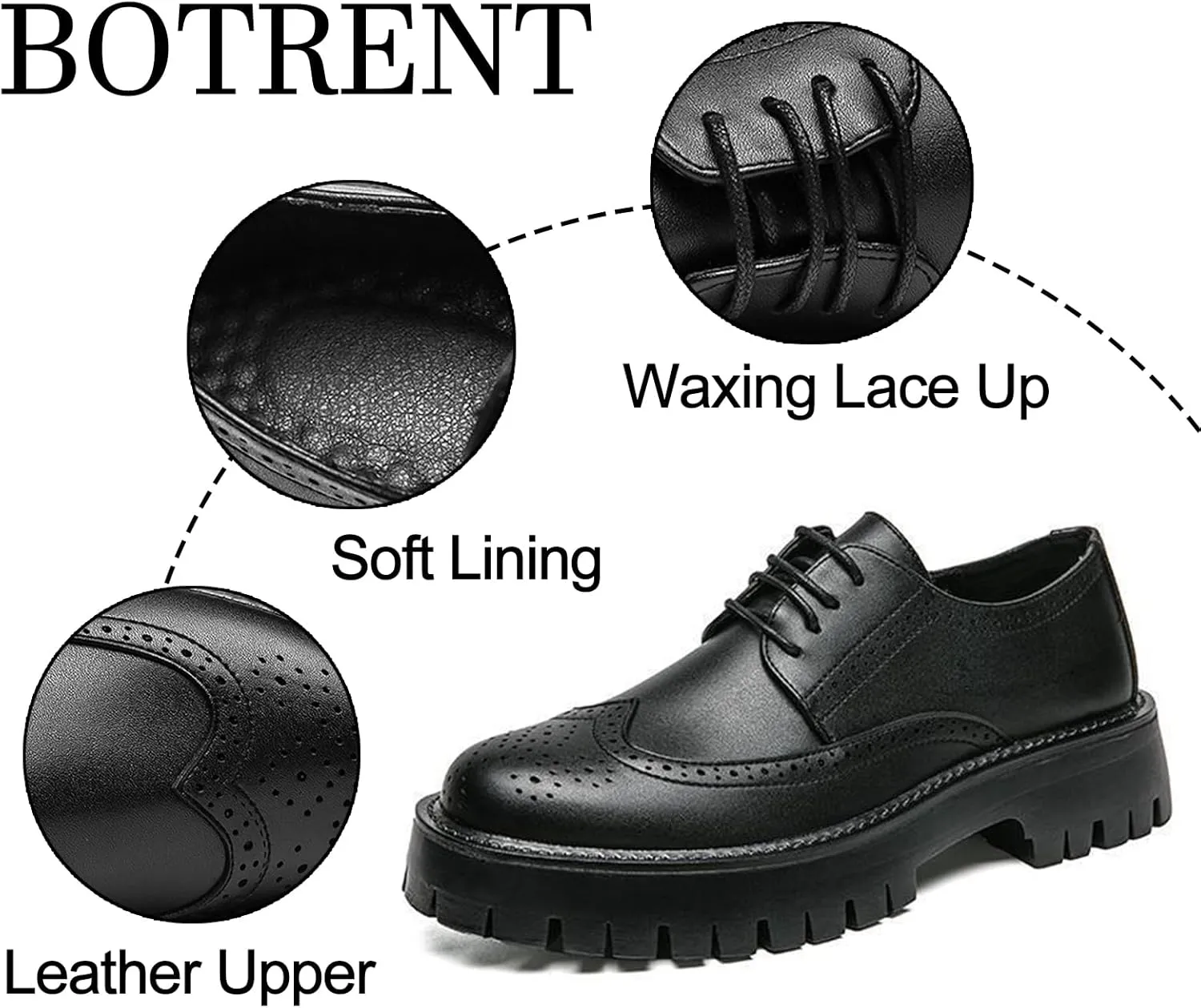 Men's Leather Wingtip Platform Derby Shoes Comfort Round Toe Lace Up Lug Sole Brogue Oxfords Casual Business Work Dress Shoes