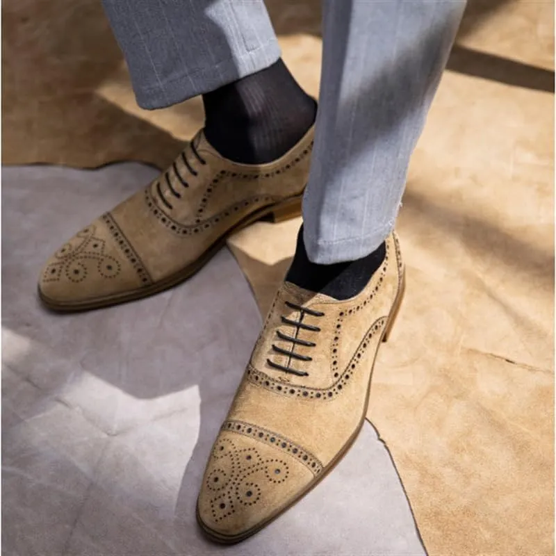 Men's Oxford Shoes Wedding Shoes Casual Shoes Lace-Up Suede Upper Round Toe Brogue Design Adhesion Technology Cushioning Shock Absorption