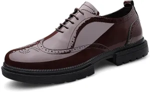 Men's Patent Leather Carved Brogue Oxford Shoes with Adjustable Laces, Casual Thick Sole Business Shoes