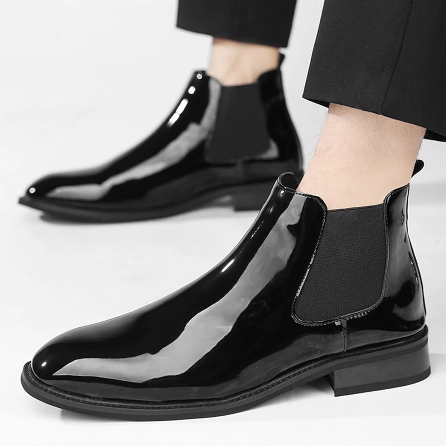 Men's Patent Leather Waterproof Chelsea Dress Boots Lightweight Comfortable Low Heel Business Casual Ankle Boots