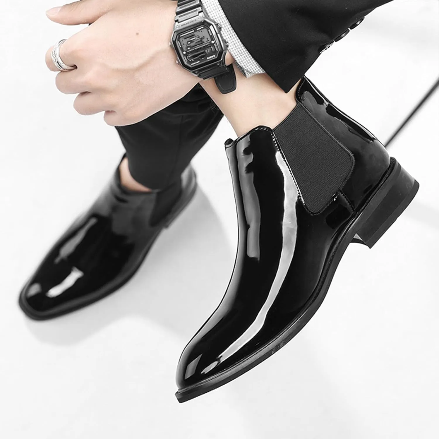 Men's Patent Leather Waterproof Chelsea Dress Boots Lightweight Comfortable Low Heel Business Casual Ankle Boots