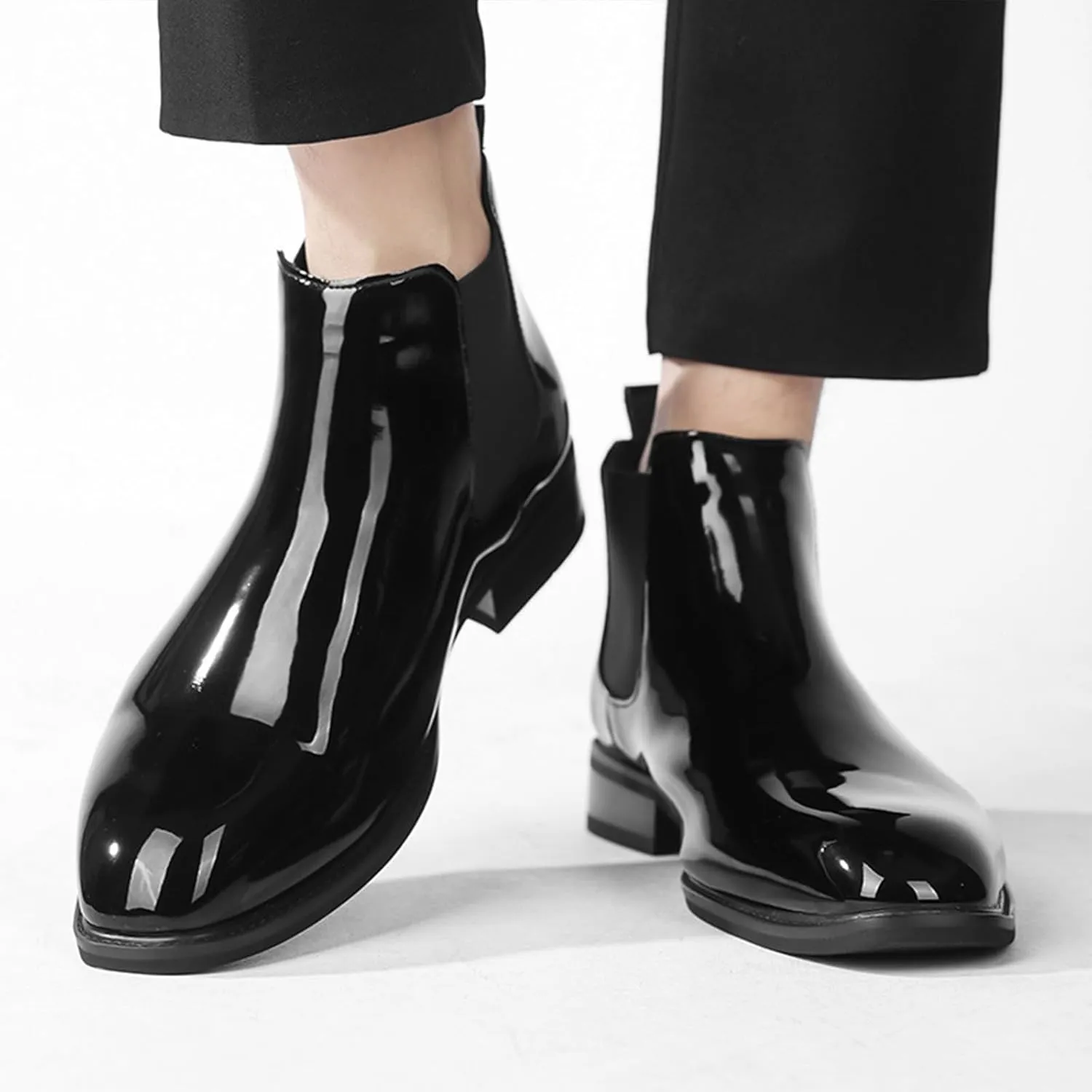 Men's Patent Leather Waterproof Chelsea Dress Boots Lightweight Comfortable Low Heel Business Casual Ankle Boots