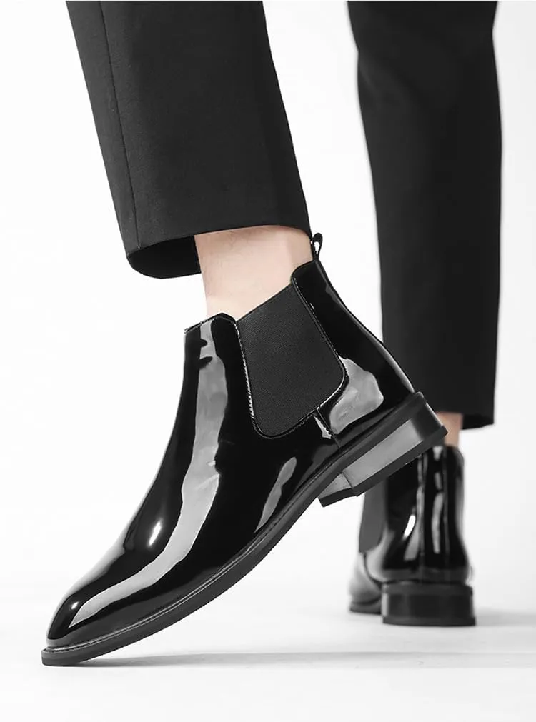 Men's Patent Leather Waterproof Chelsea Dress Boots Lightweight Comfortable Low Heel Business Casual Ankle Boots