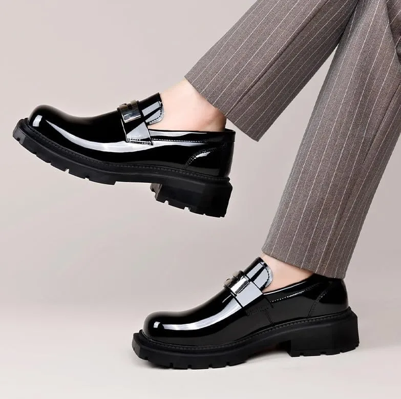Men's Platform Slip-On Oxford Shoes Mens Shiny Patent Leather Dress Shoes Wingtip Brogue Shoes for Men