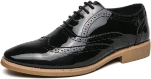 Men's Pointed Toe Wingtip Patent Leather Oxfords Formal Dress Shoes Fashion Retro Carved Brogue Lace Up Derby Business Shoes Soft Sole Breathable Comfory Wedding Tuxedo Shoes