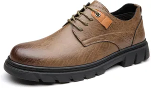 Men's Retro Round Toe Platform Oxford Dress Shoes Lug Sole Non-Slip Stitching Lace-up Low-top Cap Round Head Casual Business Formal Leather Shoes for Driving Work Office Walking