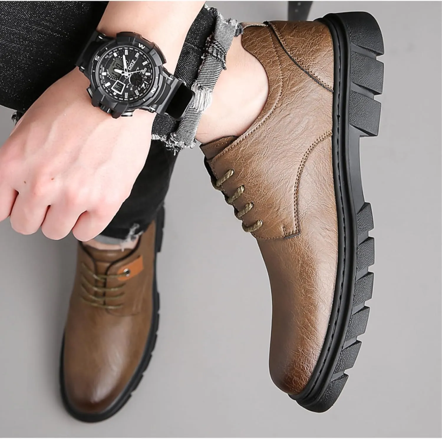 Men's Retro Round Toe Platform Oxford Dress Shoes Lug Sole Non-Slip Stitching Lace-up Low-top Cap Round Head Casual Business Formal Leather Shoes for Driving Work Office Walking