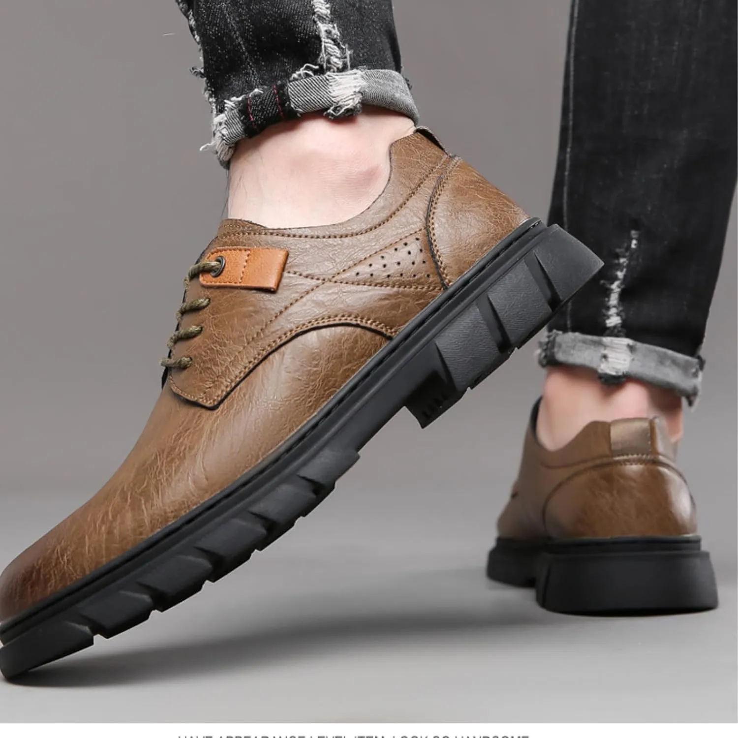 Men's Retro Round Toe Platform Oxford Dress Shoes Lug Sole Non-Slip Stitching Lace-up Low-top Cap Round Head Casual Business Formal Leather Shoes for Driving Work Office Walking