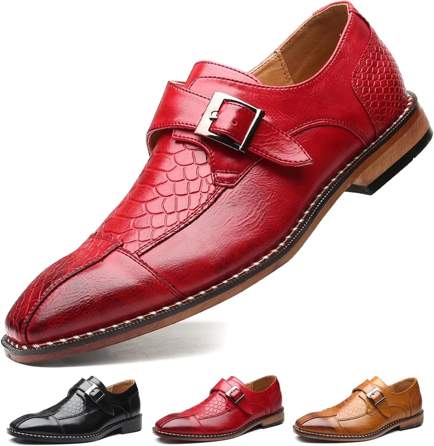 Men's Single Monk Strap Loafers Cap Toe Slip On Comfort Fashion Business Wedding Dress Leather Shoes