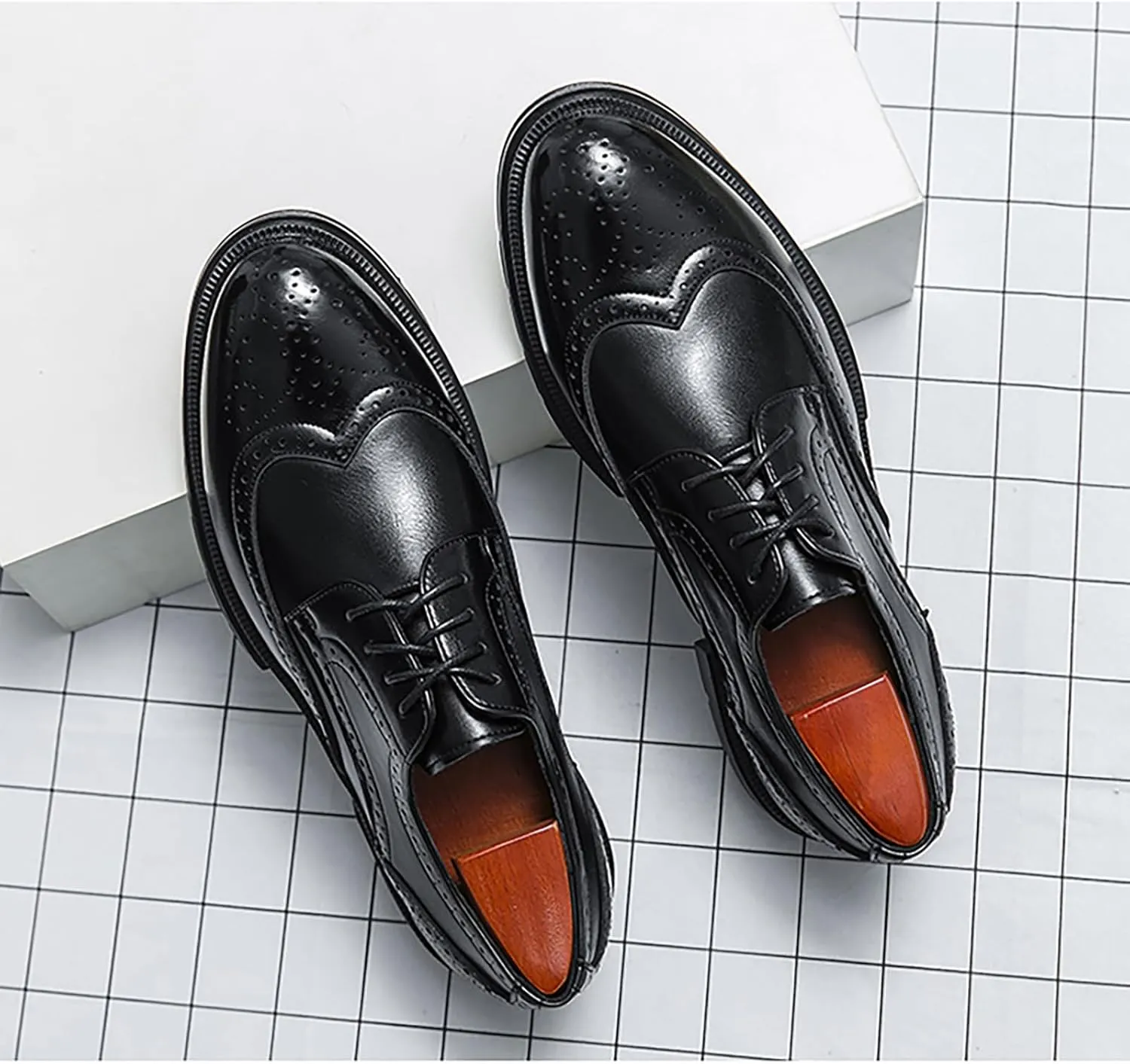 Men's Wingtip Fashion Modern Leather Oxford,Black Business Casual Platform Dress Shoes for Men,Comfortable Retro Lace Up Tuxedo Shoes