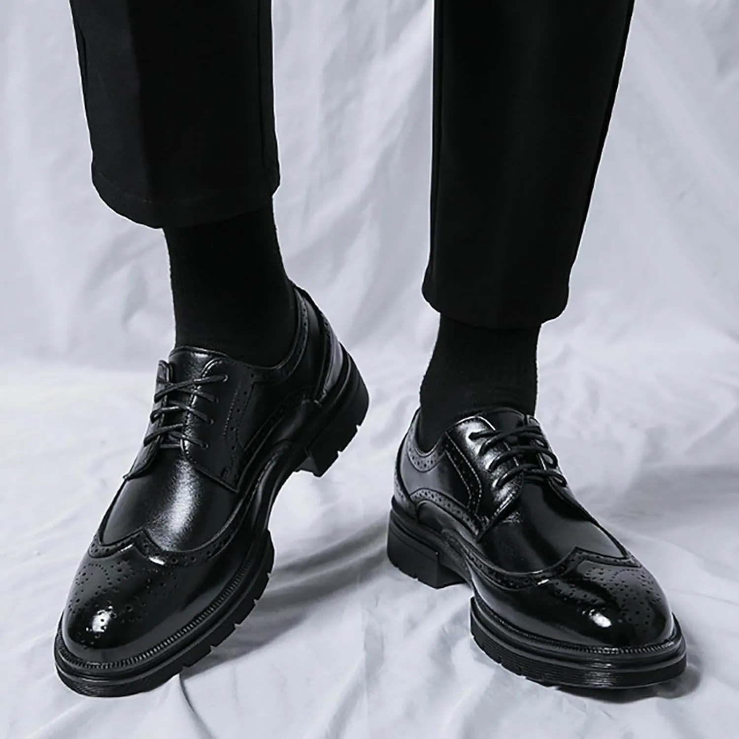 Men's Wingtip Fashion Modern Leather Oxford,Black Business Casual Platform Dress Shoes for Men,Comfortable Retro Lace Up Tuxedo Shoes