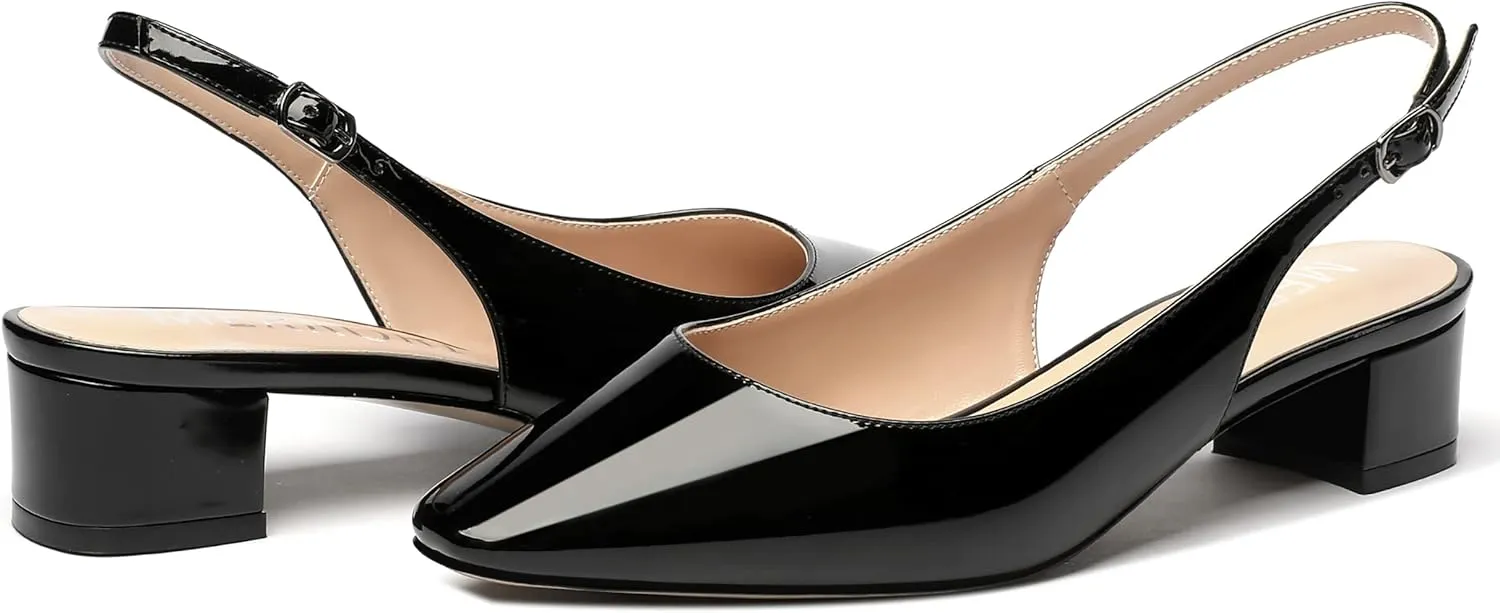 MERRORI Women's Patent Buckle Block Solid Slingback Square Toe Chunky Low Heel Pumps Shoes 1.5 Inch