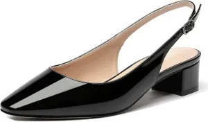 MERRORI Women's Patent Buckle Block Solid Slingback Square Toe Chunky Low Heel Pumps Shoes 1.5 Inch
