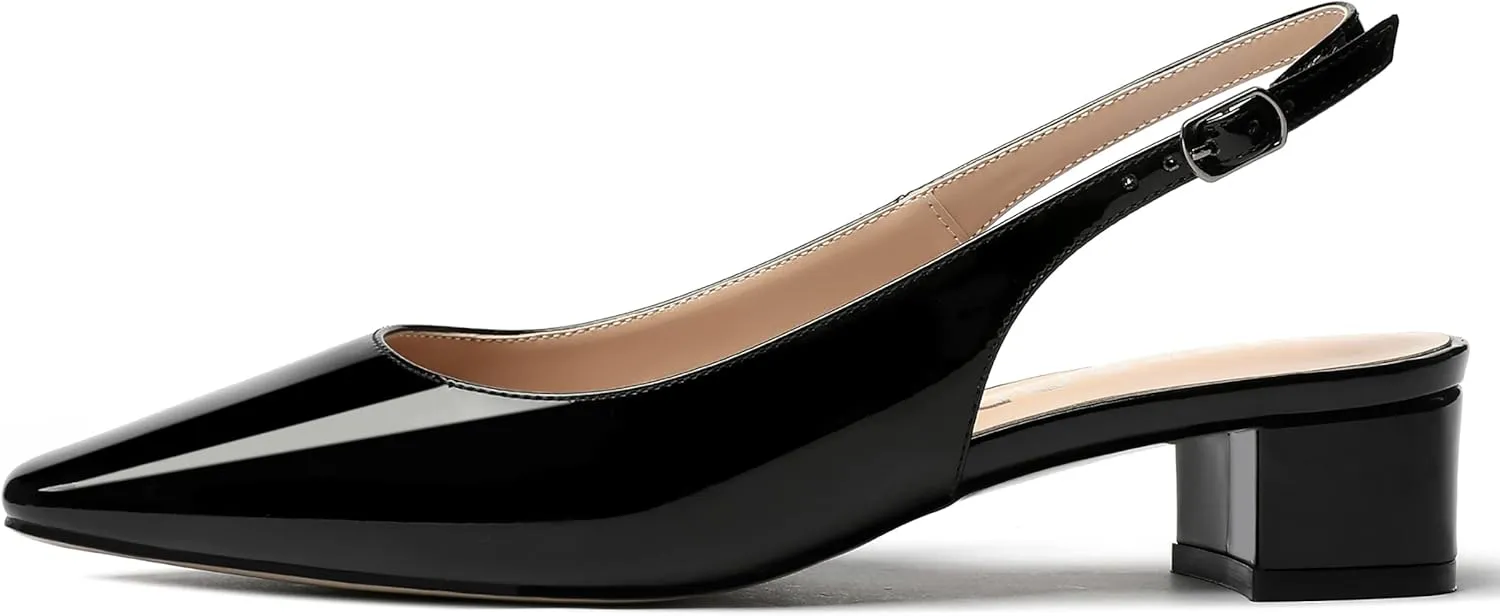 MERRORI Women's Patent Buckle Block Solid Slingback Square Toe Chunky Low Heel Pumps Shoes 1.5 Inch