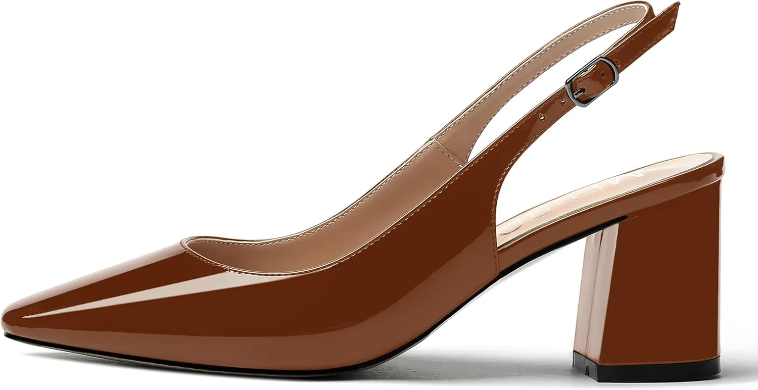MERRORI Women's Patent Buckle Block Solid Slingback Square Toe Chunky Mid Heel Pumps Shoes 2.5 Inch
