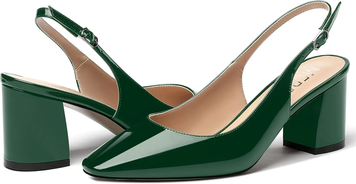 MERRORI Women's Patent Buckle Block Solid Slingback Square Toe Chunky Mid Heel Pumps Shoes 2.5 Inch