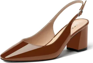 MERRORI Women's Patent Buckle Block Solid Slingback Square Toe Chunky Mid Heel Pumps Shoes 2.5 Inch