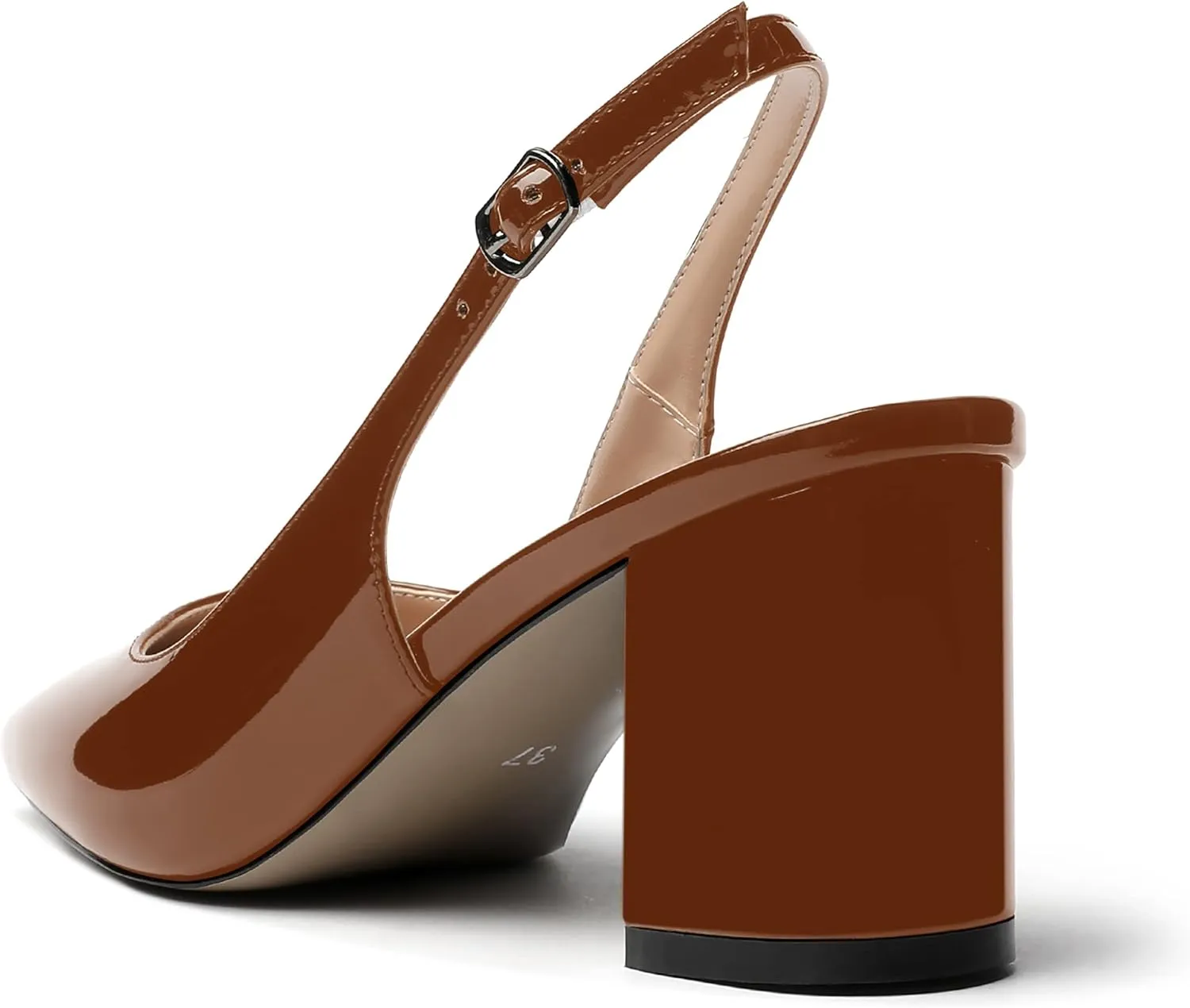 MERRORI Women's Patent Buckle Block Solid Slingback Square Toe Chunky Mid Heel Pumps Shoes 2.5 Inch