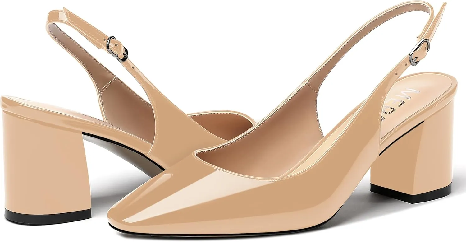 MERRORI Women's Patent Buckle Block Solid Slingback Square Toe Chunky Mid Heel Pumps Shoes 2.5 Inch