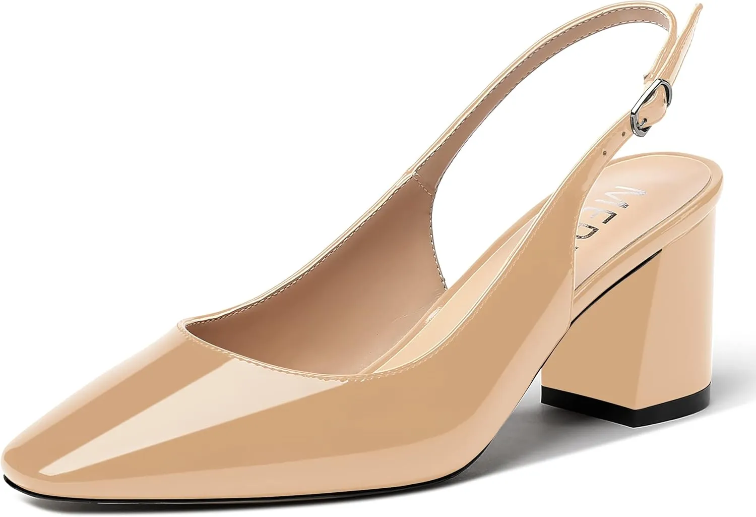 MERRORI Women's Patent Buckle Block Solid Slingback Square Toe Chunky Mid Heel Pumps Shoes 2.5 Inch
