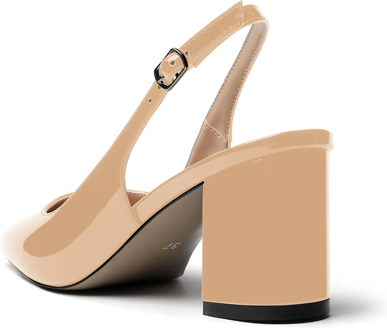 MERRORI Women's Patent Buckle Block Solid Slingback Square Toe Chunky Mid Heel Pumps Shoes 2.5 Inch