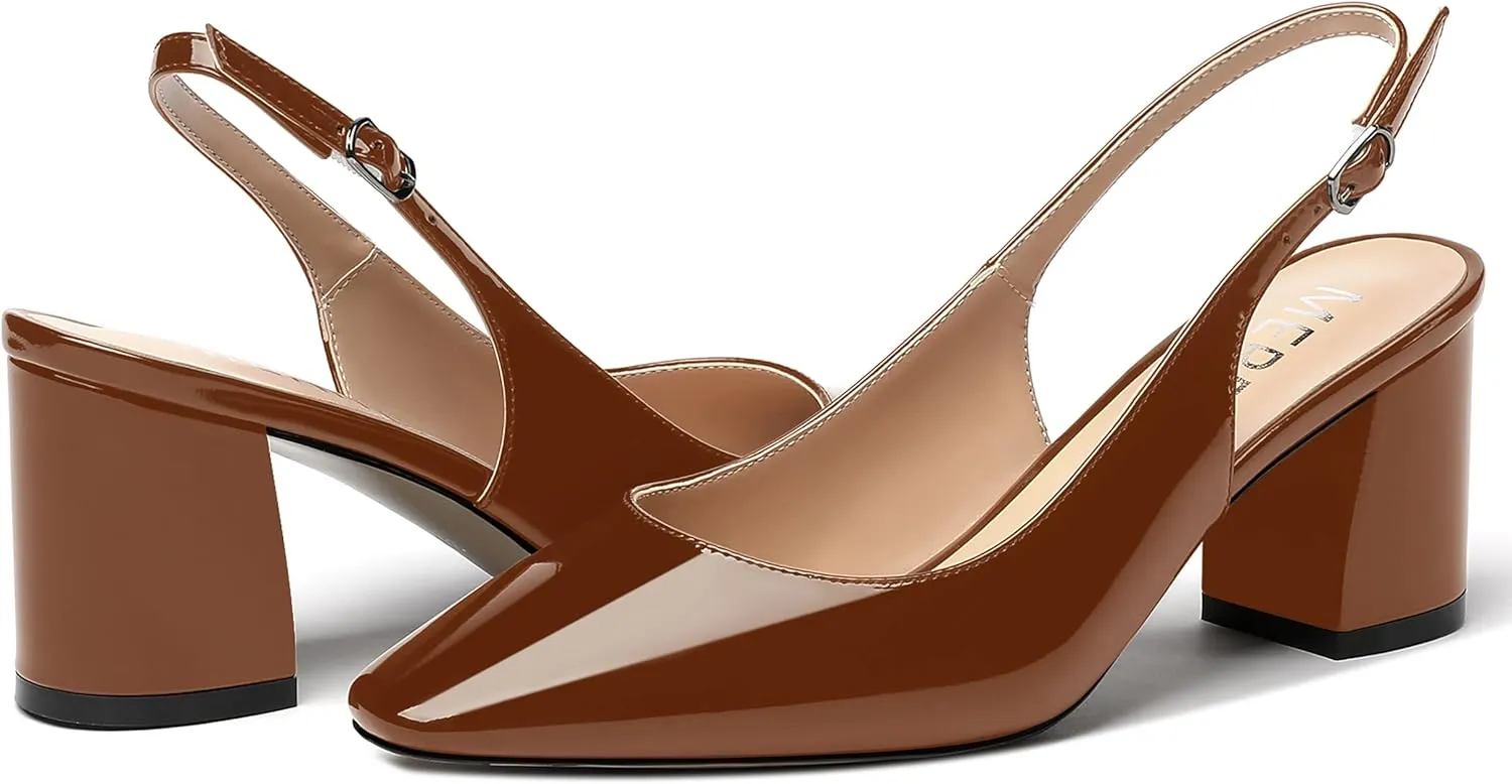 MERRORI Women's Patent Buckle Block Solid Slingback Square Toe Chunky Mid Heel Pumps Shoes 2.5 Inch