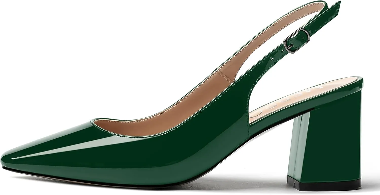 MERRORI Women's Patent Buckle Block Solid Slingback Square Toe Chunky Mid Heel Pumps Shoes 2.5 Inch