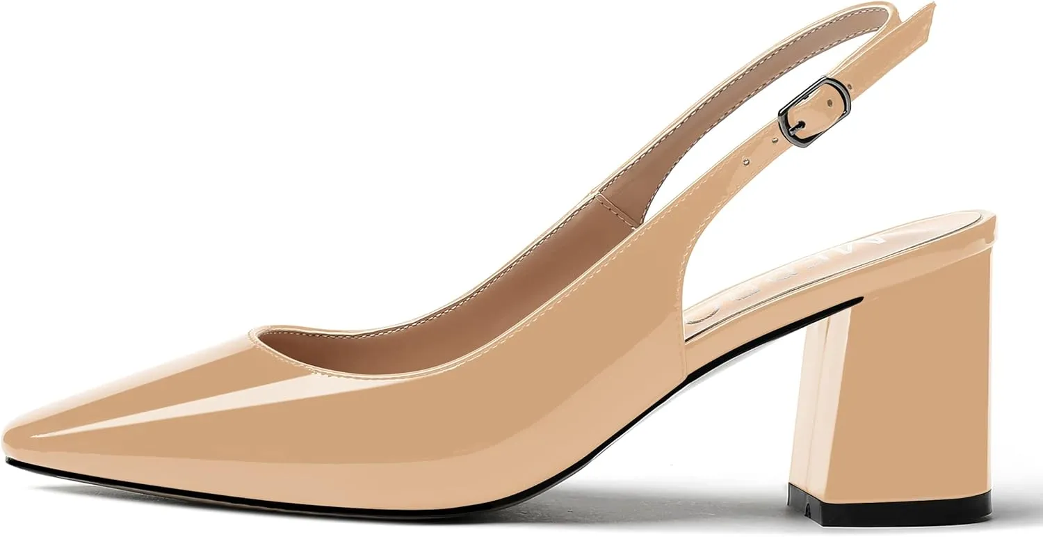 MERRORI Women's Patent Buckle Block Solid Slingback Square Toe Chunky Mid Heel Pumps Shoes 2.5 Inch