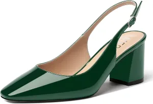 MERRORI Women's Patent Buckle Block Solid Slingback Square Toe Chunky Mid Heel Pumps Shoes 2.5 Inch