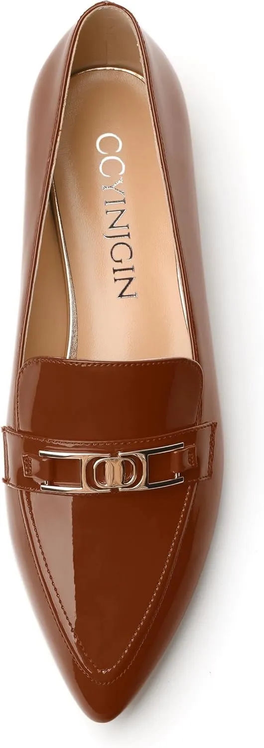Metal Chain Loafers for Women Pointed Toe Slip on Flats Comfortable Fashion Work Shoes