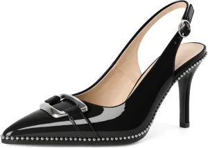 Mettesally Women Slingback Heels Pointed Toe High Heels Stiletto Pumps Metallic Buckle Beaded Pumps Dress Shoes 3.5 Inch