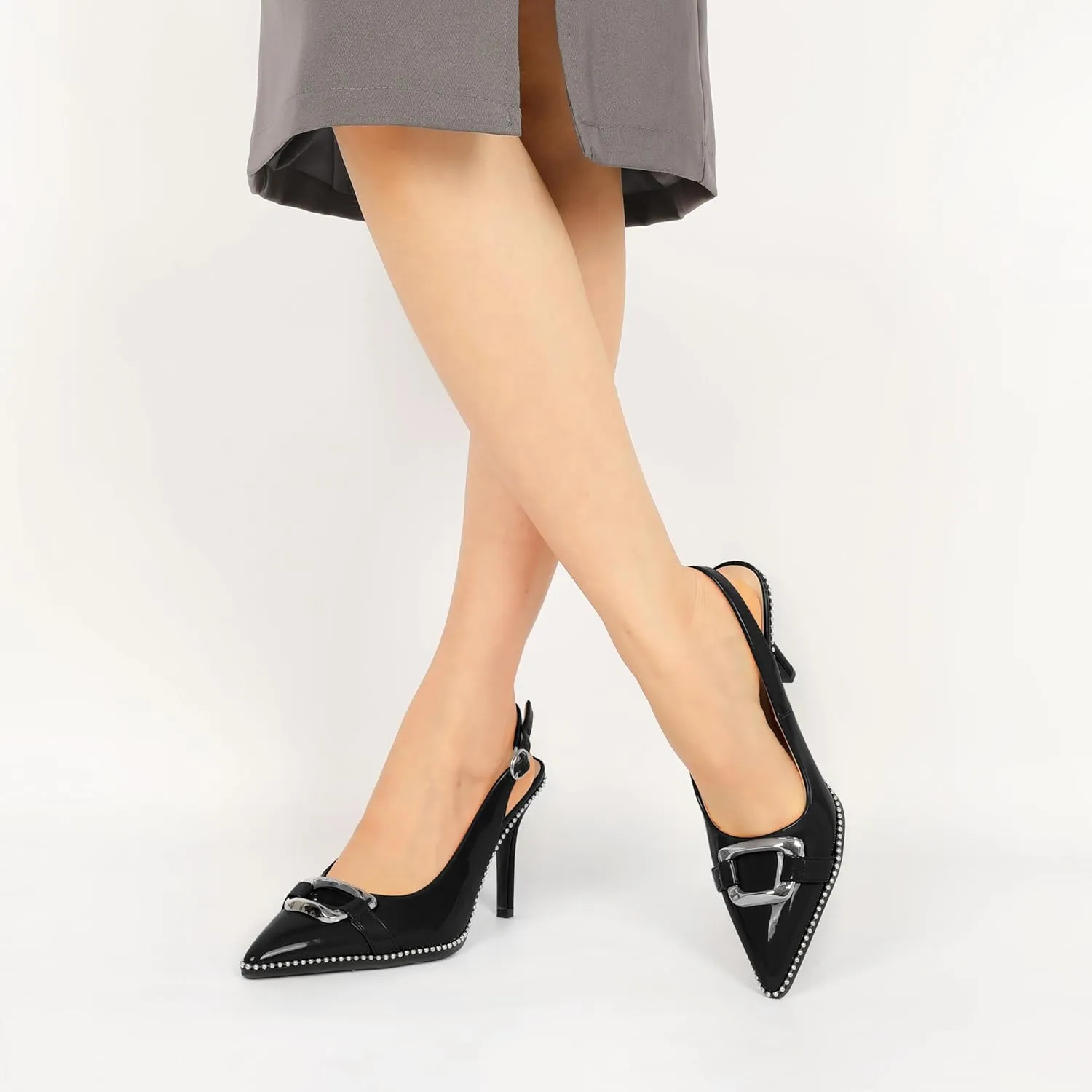 Mettesally Women Slingback Heels Pointed Toe High Heels Stiletto Pumps Metallic Buckle Beaded Pumps Dress Shoes 3.5 Inch