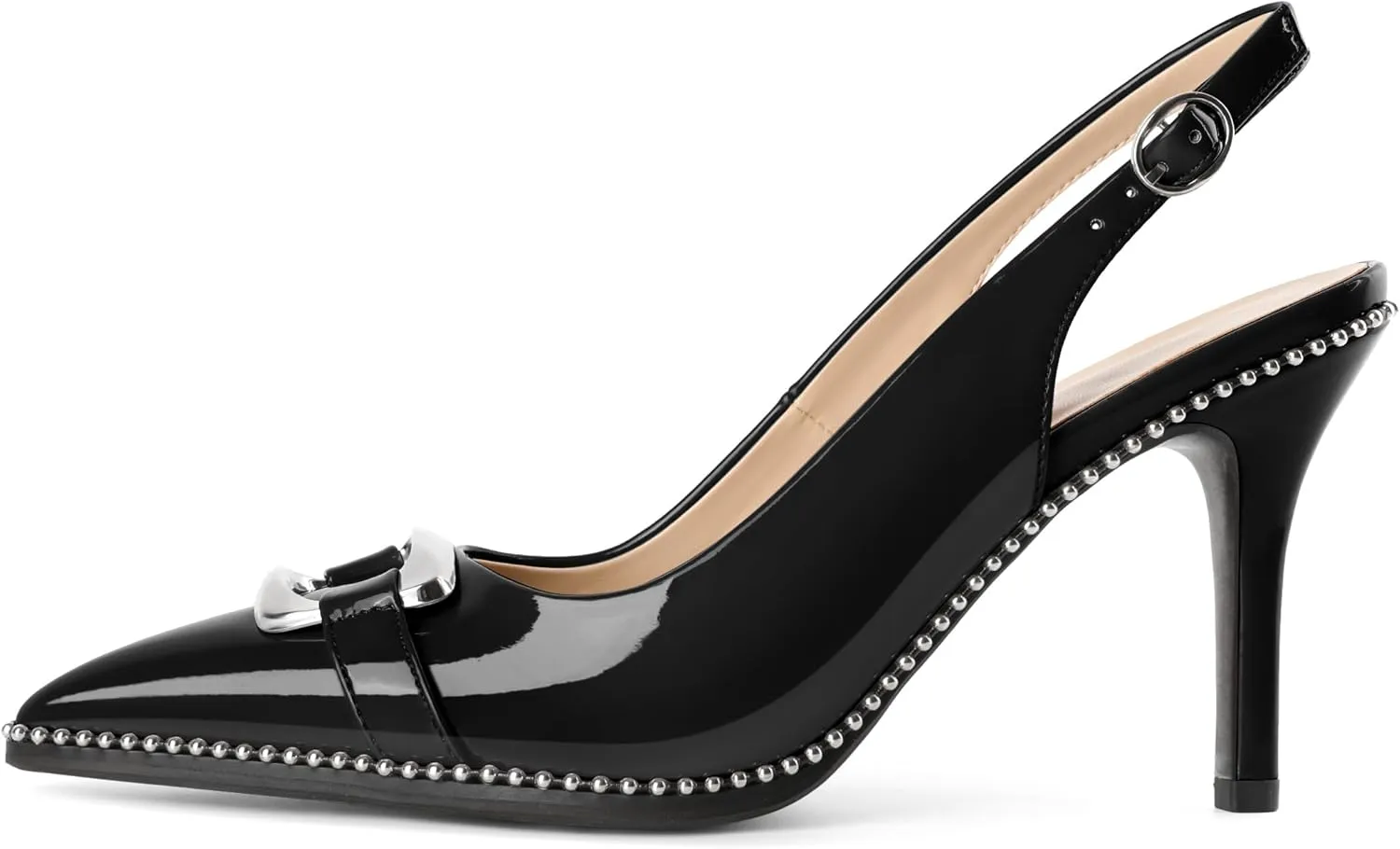 Mettesally Women Slingback Heels Pointed Toe High Heels Stiletto Pumps Metallic Buckle Beaded Pumps Dress Shoes 3.5 Inch