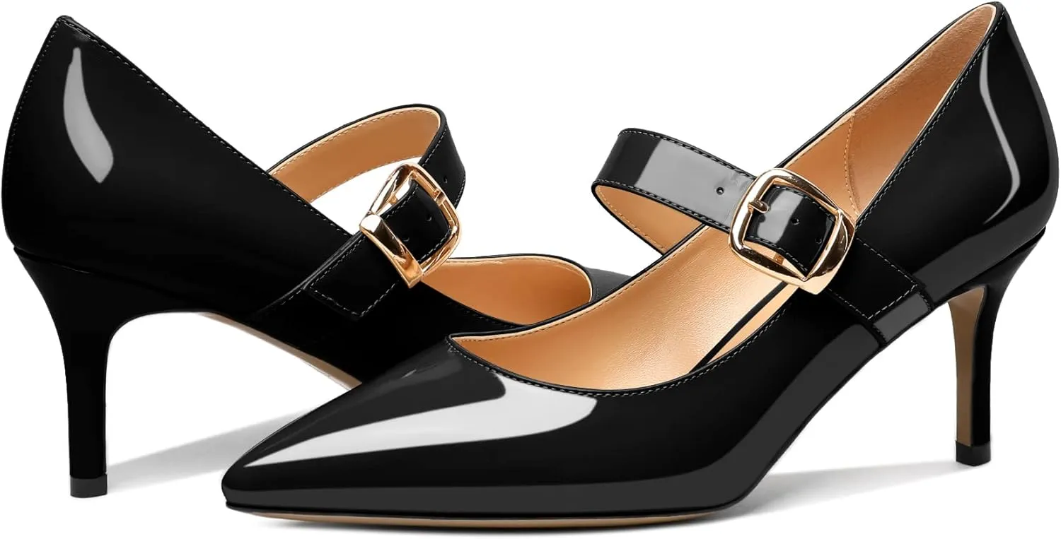 Mettesally Women's Pointed Toe Pumps Marry Janes Mid Heels Slip On Adjuatable Strap Kitten Heels Office Work Dress Shoes