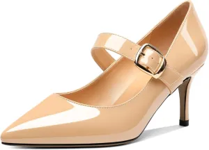 Mettesally Women's Pointed Toe Pumps Marry Janes Mid Heels Slip On Adjuatable Strap Kitten Heels Office Work Dress Shoes