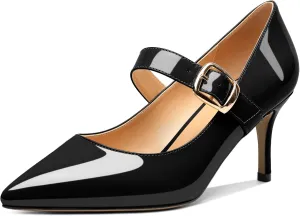 Mettesally Women's Pointed Toe Pumps Marry Janes Mid Heels Slip On Adjuatable Strap Kitten Heels Office Work Dress Shoes