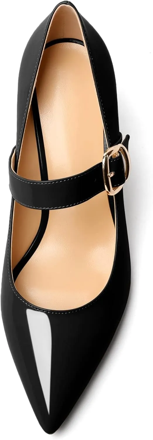 Mettesally Women's Pointed Toe Pumps Marry Janes Mid Heels Slip On Adjuatable Strap Kitten Heels Office Work Dress Shoes